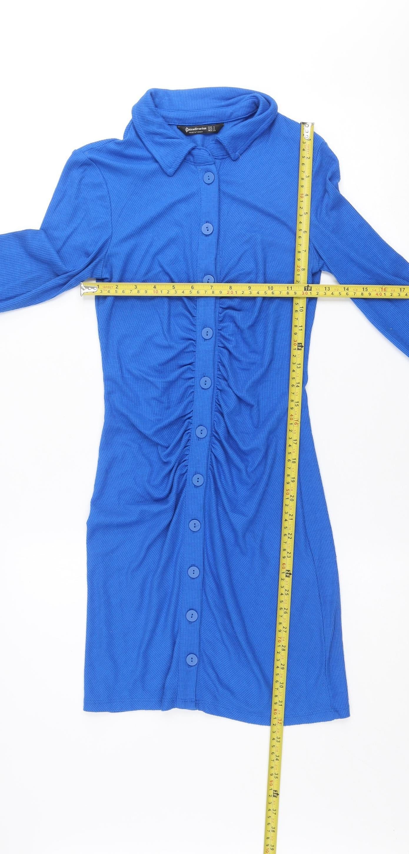 Stradivarius Women Blue Collared Button Shirt Dress Size S