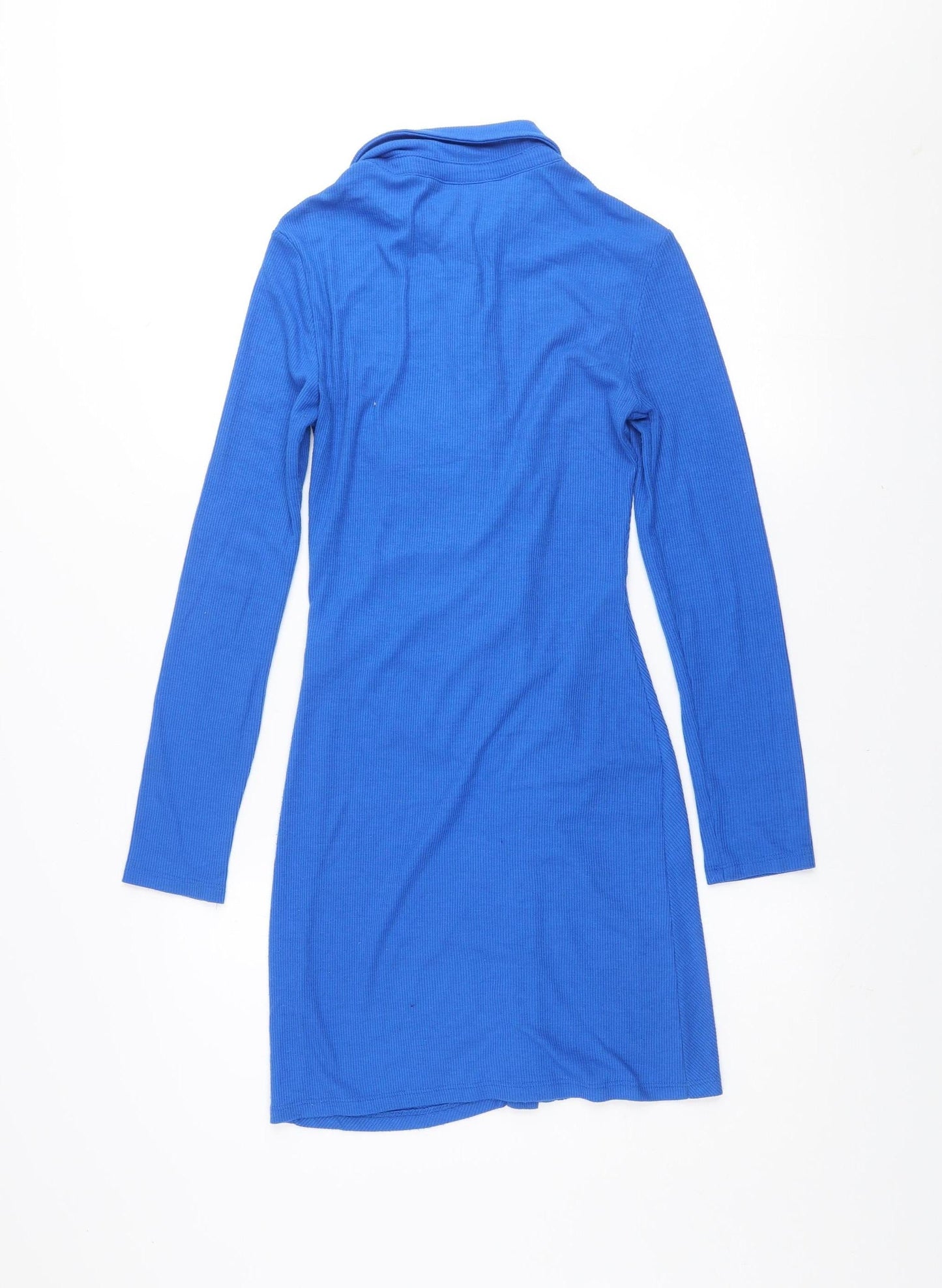 Stradivarius Women Blue Collared Button Shirt Dress Size S