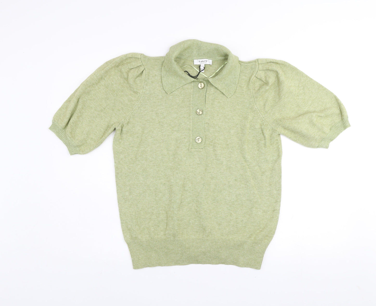 b.young Women’s Green Collared Henley Knit Short Sleeve Jumper L