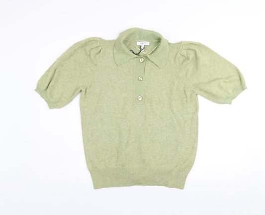 b.young Women’s Green Collared Henley Knit Short Sleeve Jumper L