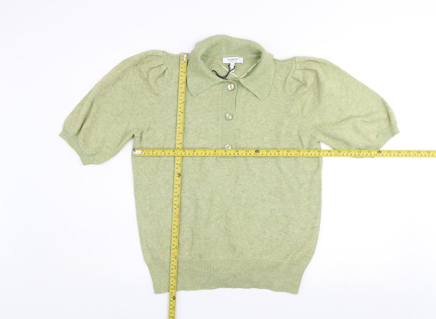 b.young Women’s Green Collared Henley Knit Short Sleeve Jumper L
