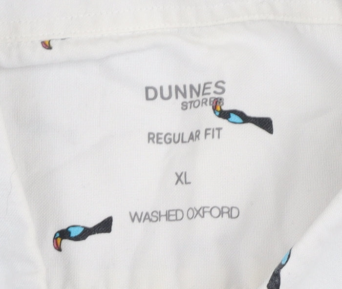 Dunnes Stores Men's White Toucan Print Short Sleeve Oxford Shirt XL