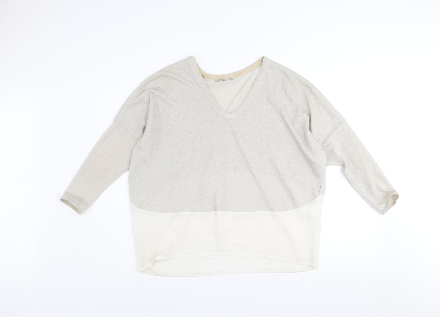 Zara Women Beige V-Neck Relaxed Knit Pullover Jumper Size M
