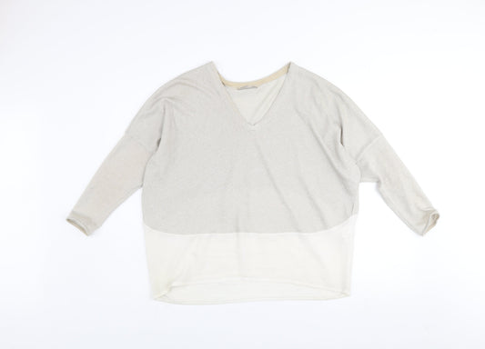 Zara Women Beige V-Neck Relaxed Knit Pullover Jumper Size M