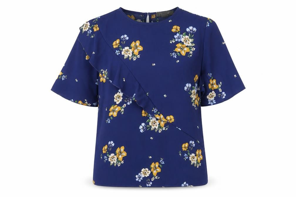 Primark Women's Blue Floral Ruffle Short Sleeve Tunic Blouse Size 10