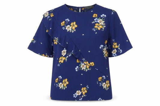 Primark Women's Blue Floral Ruffle Short Sleeve Tunic Blouse Size 10