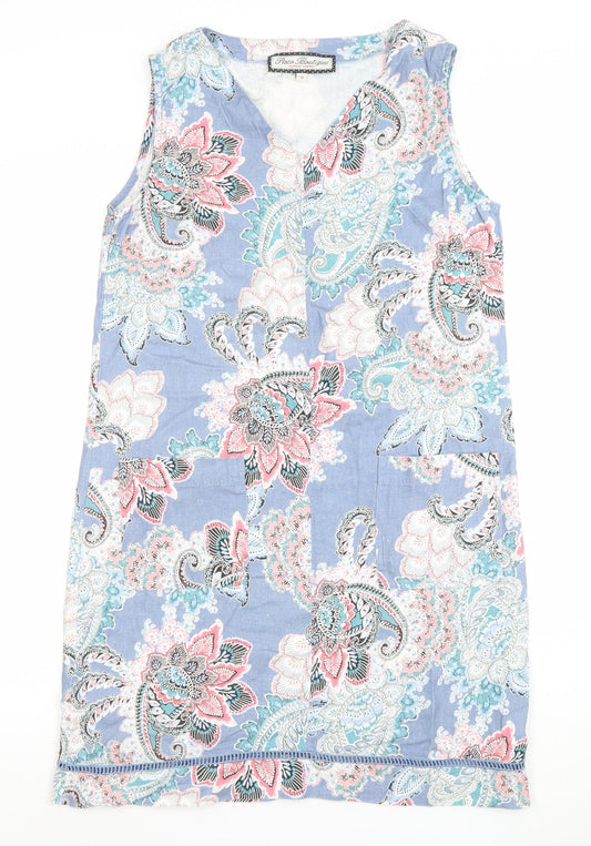 Paco Boutique Women Blue Paisley Linen Cotton Sleeveless Shift Dress Size 12