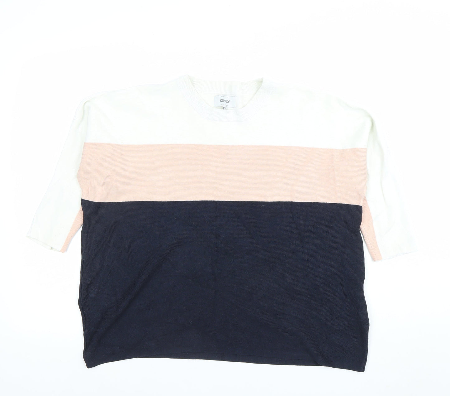 ONLY Womens XL Colourblock Knit Jumper White Pink Navy Casual Top