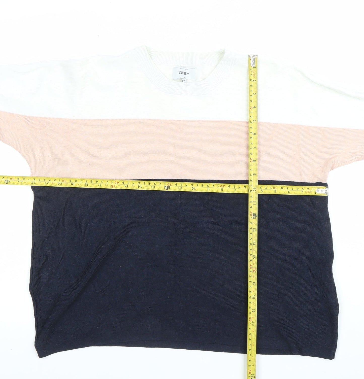 ONLY Womens XL Colourblock Knit Jumper White Pink Navy Casual Top