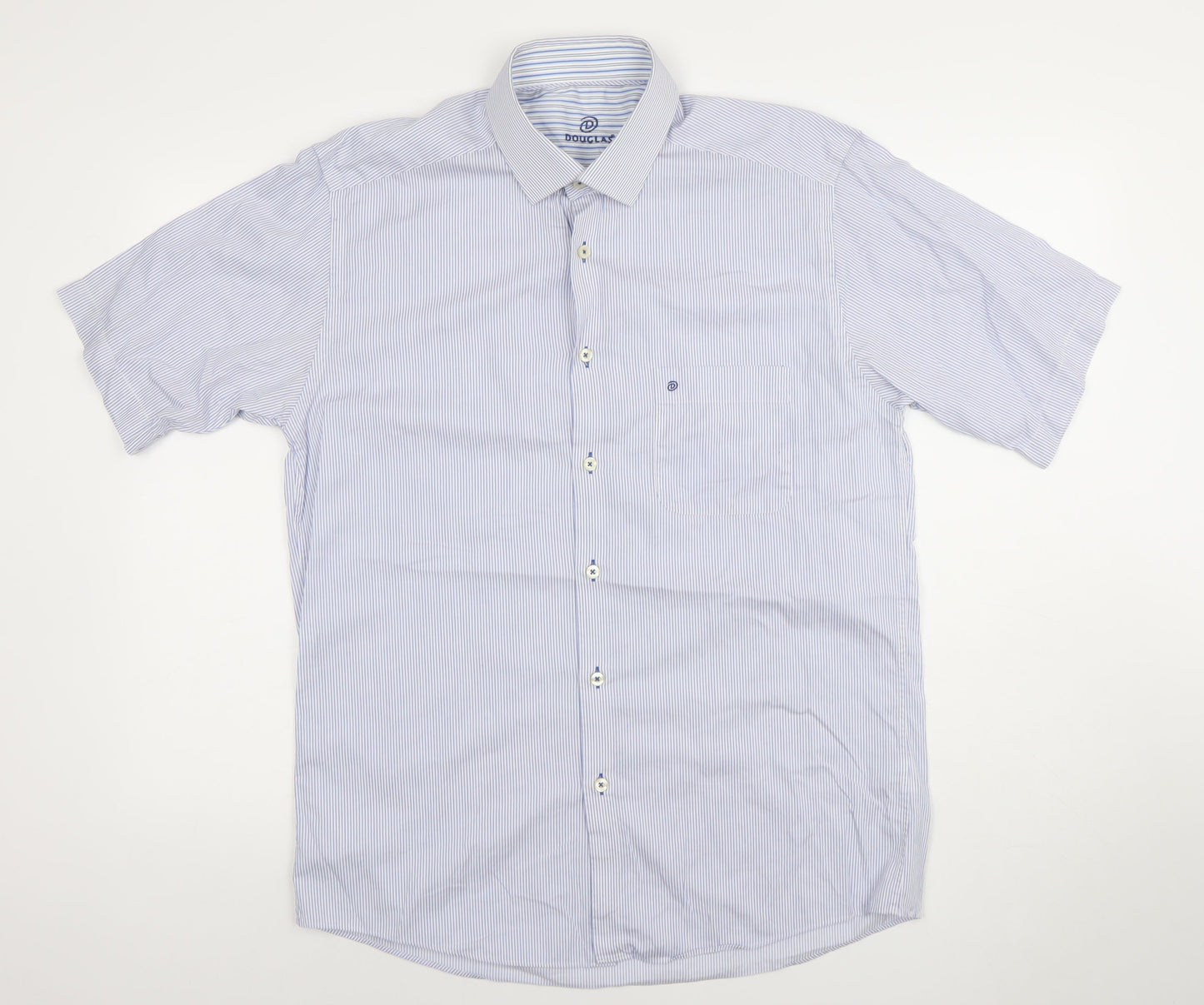 Douglas Mens Blue Striped Short Sleeve Classic Fit 16/41 Dress Shirt