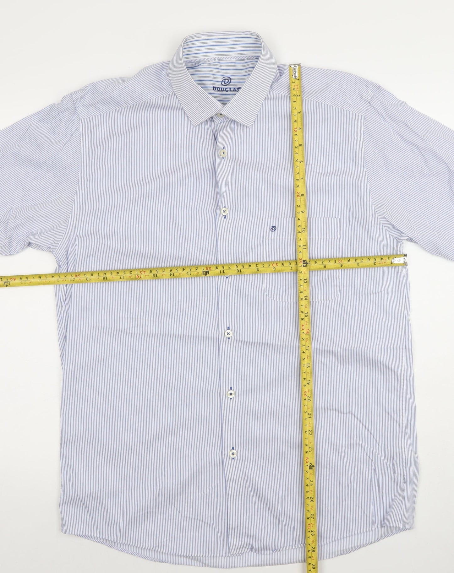 Douglas Mens Blue Striped Short Sleeve Classic Fit 16/41 Dress Shirt