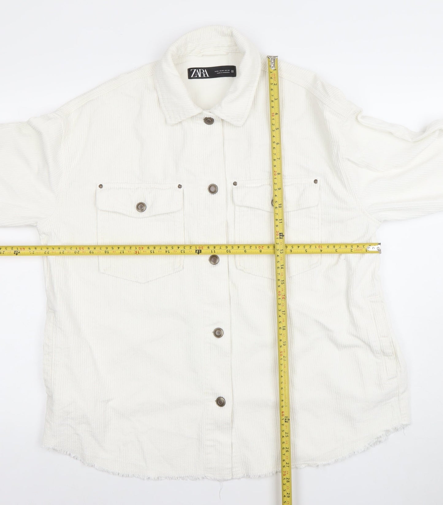 Zara Women White Corduroy Button Jacket Size 12 Cotton Casual