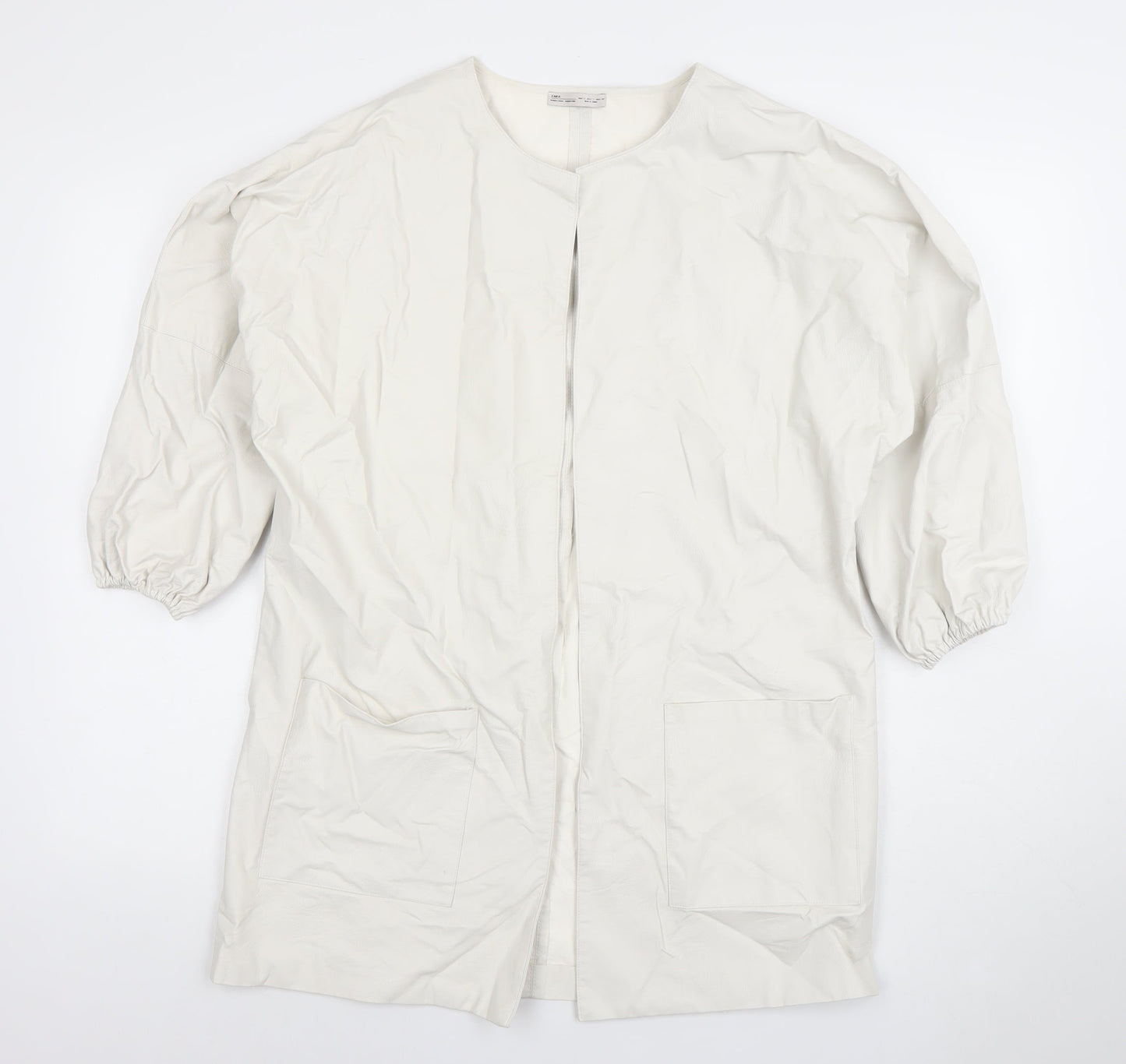 Zara Women White Faux Leather Long Open Overcoat Size S