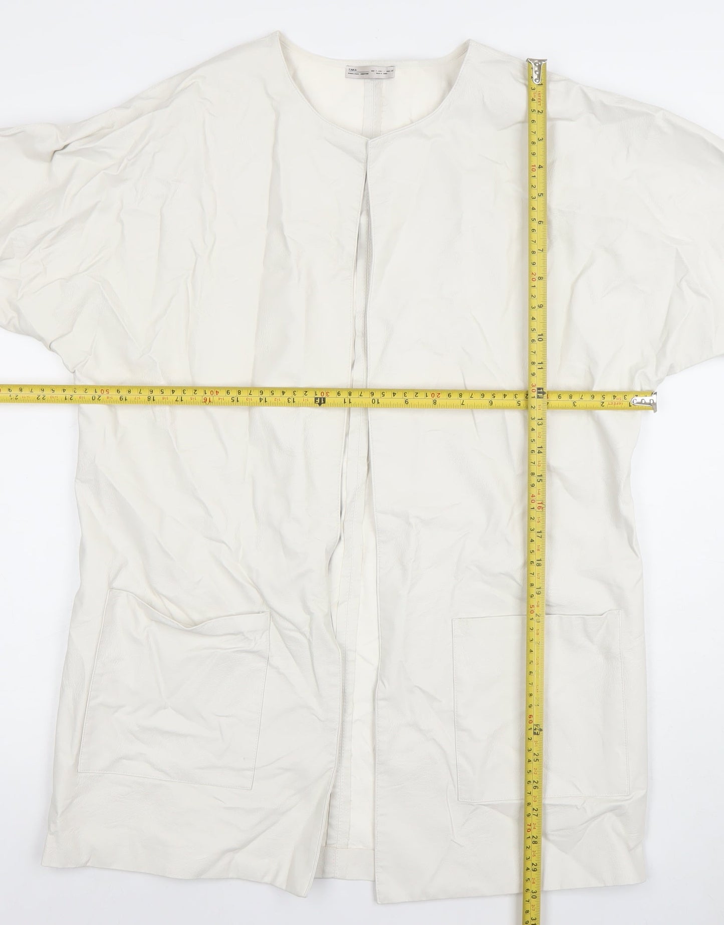 Zara Women White Faux Leather Long Open Overcoat Size S