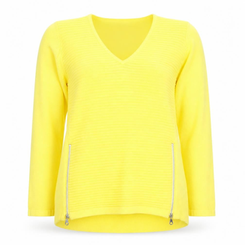 Savida Women’s Yellow V-Neck Knit Zip Detail Long Sleeve Top Size S