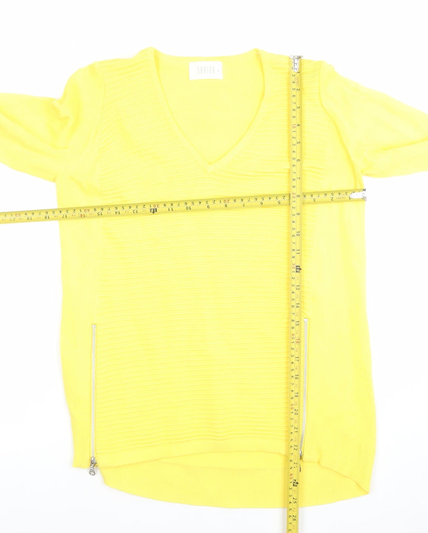 Savida Women’s Yellow V-Neck Knit Zip Detail Long Sleeve Top Size S