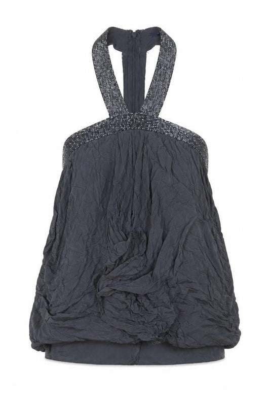 French Connection Women Black Silk Beaded Halter Bubble Hem Dress Size 14