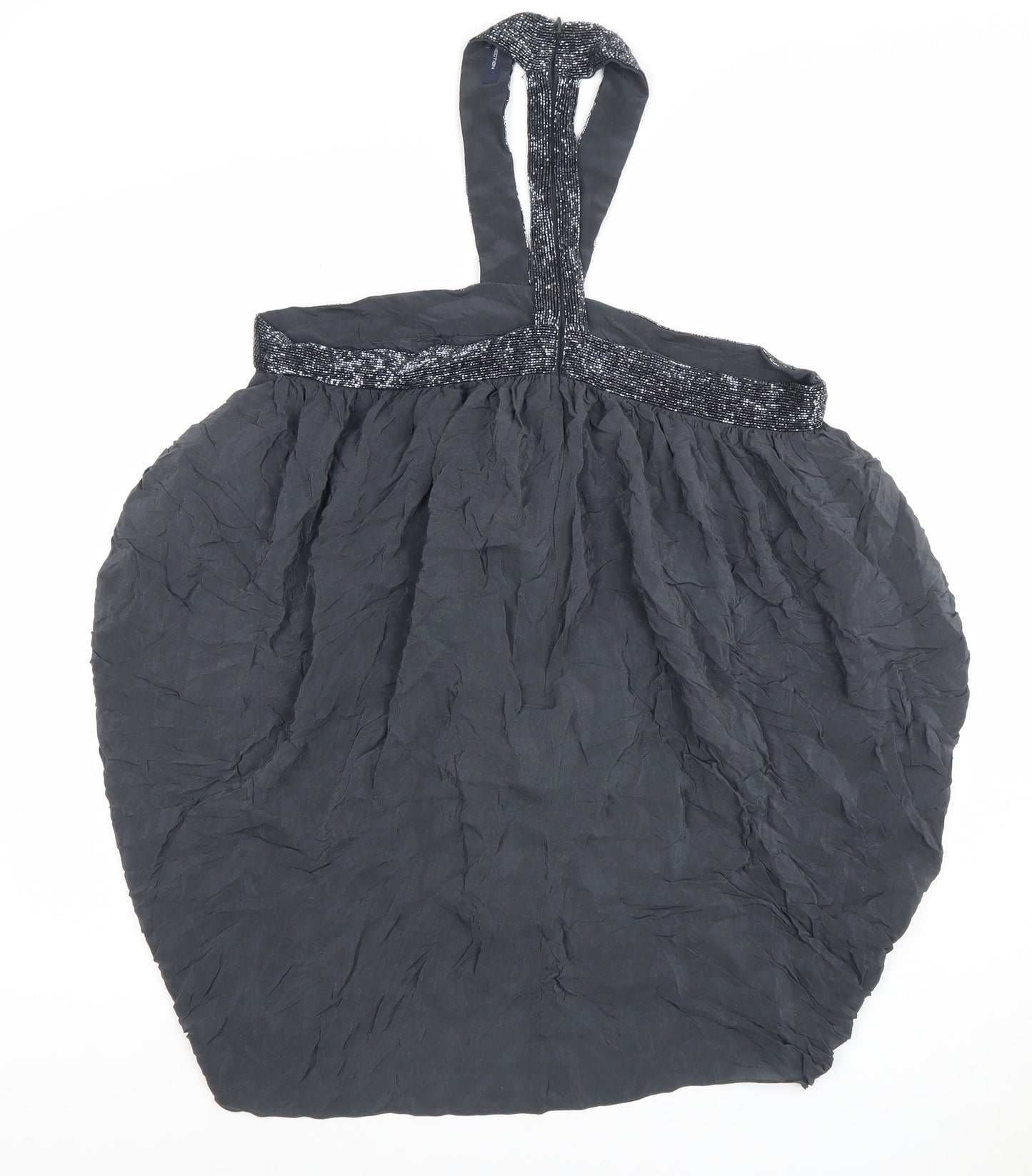 French Connection Women Black Silk Beaded Halter Bubble Hem Dress Size 14