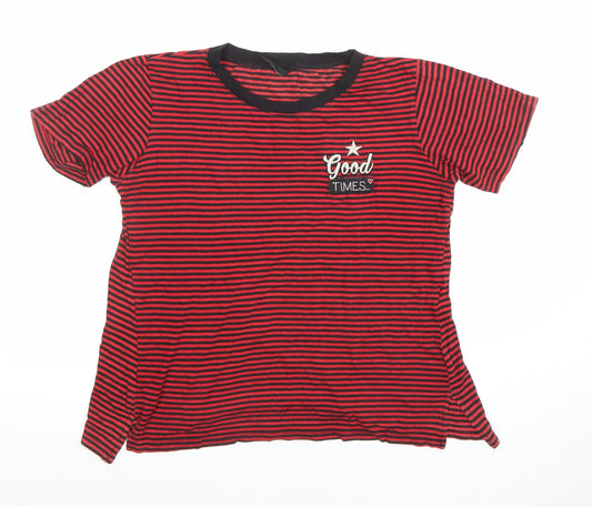 Stradivarius Women's Red Striped Embroidered T-Shirt Size L