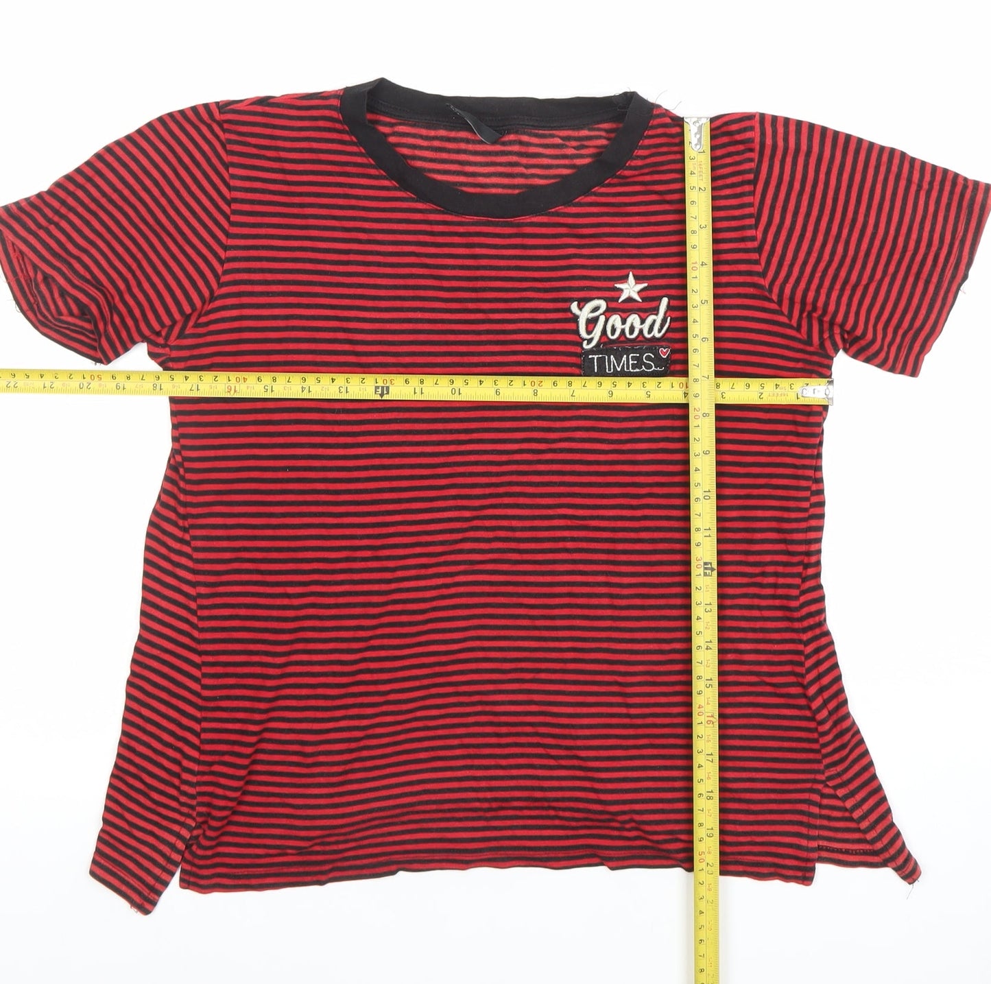 Stradivarius Women's Red Striped Embroidered T-Shirt Size L