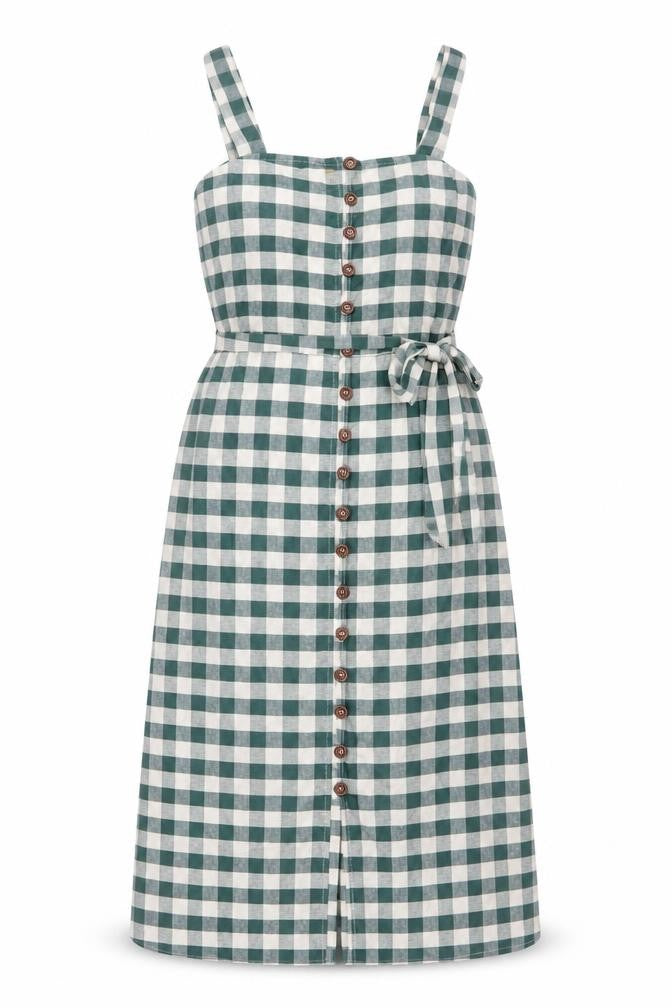 Mango Women Green Check Pinafore Dress Size 8 Cotton Linen