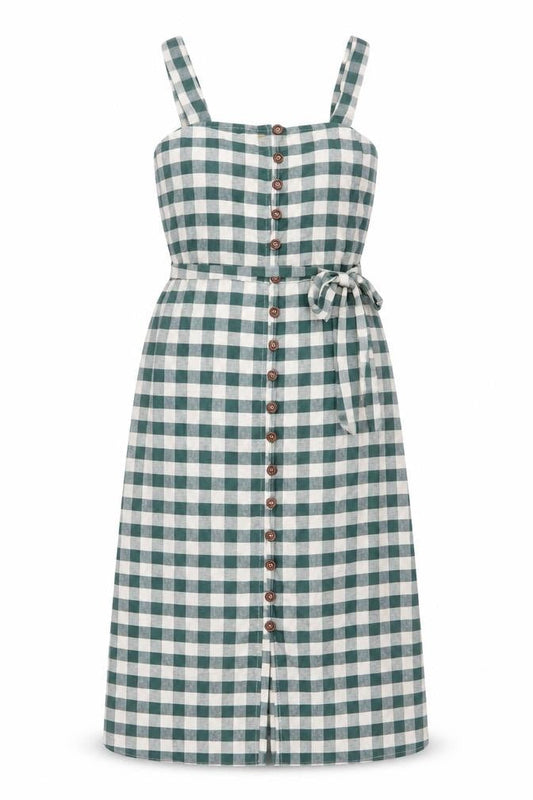 Mango Women Green Check Pinafore Dress Size 8 Cotton Linen