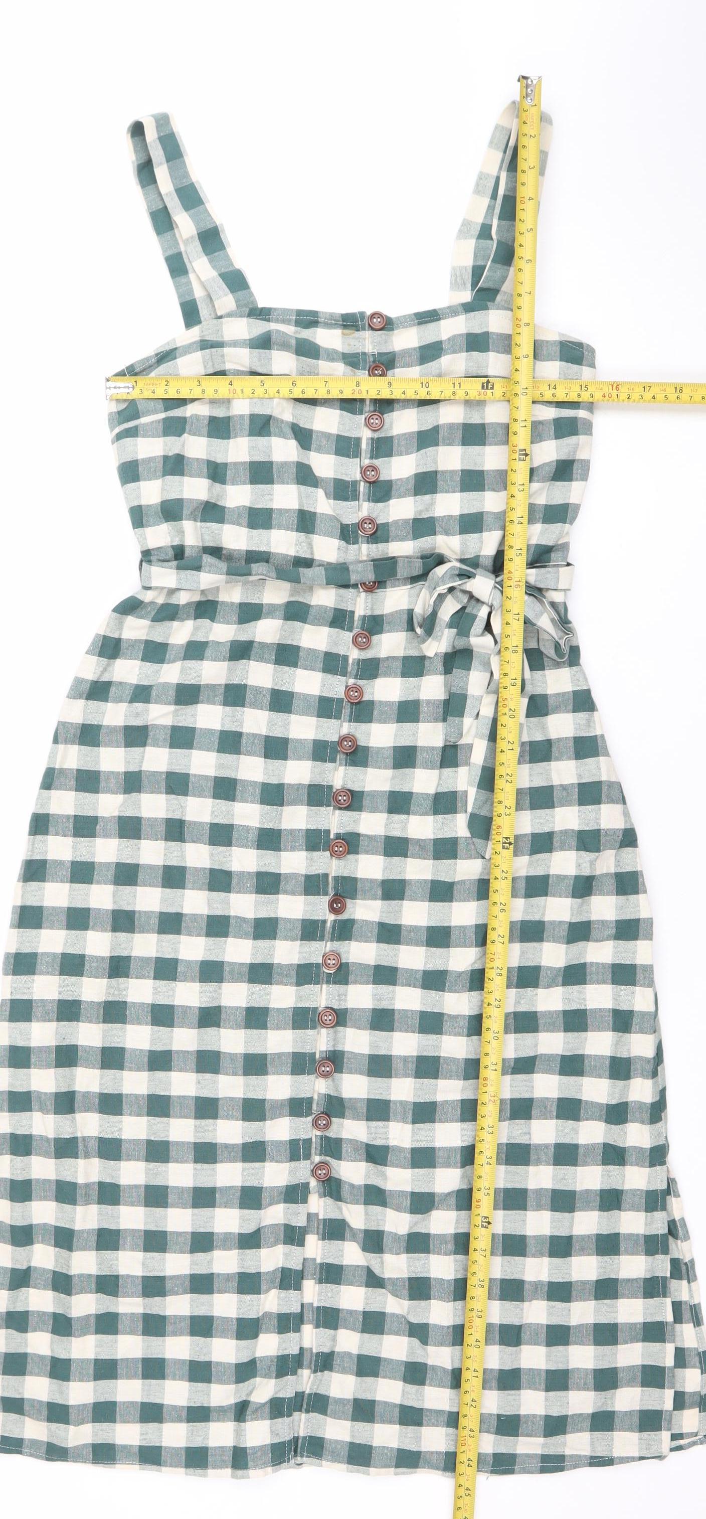 MNG Women Green Check Pinafore Dress Size 8 Cotton Linen