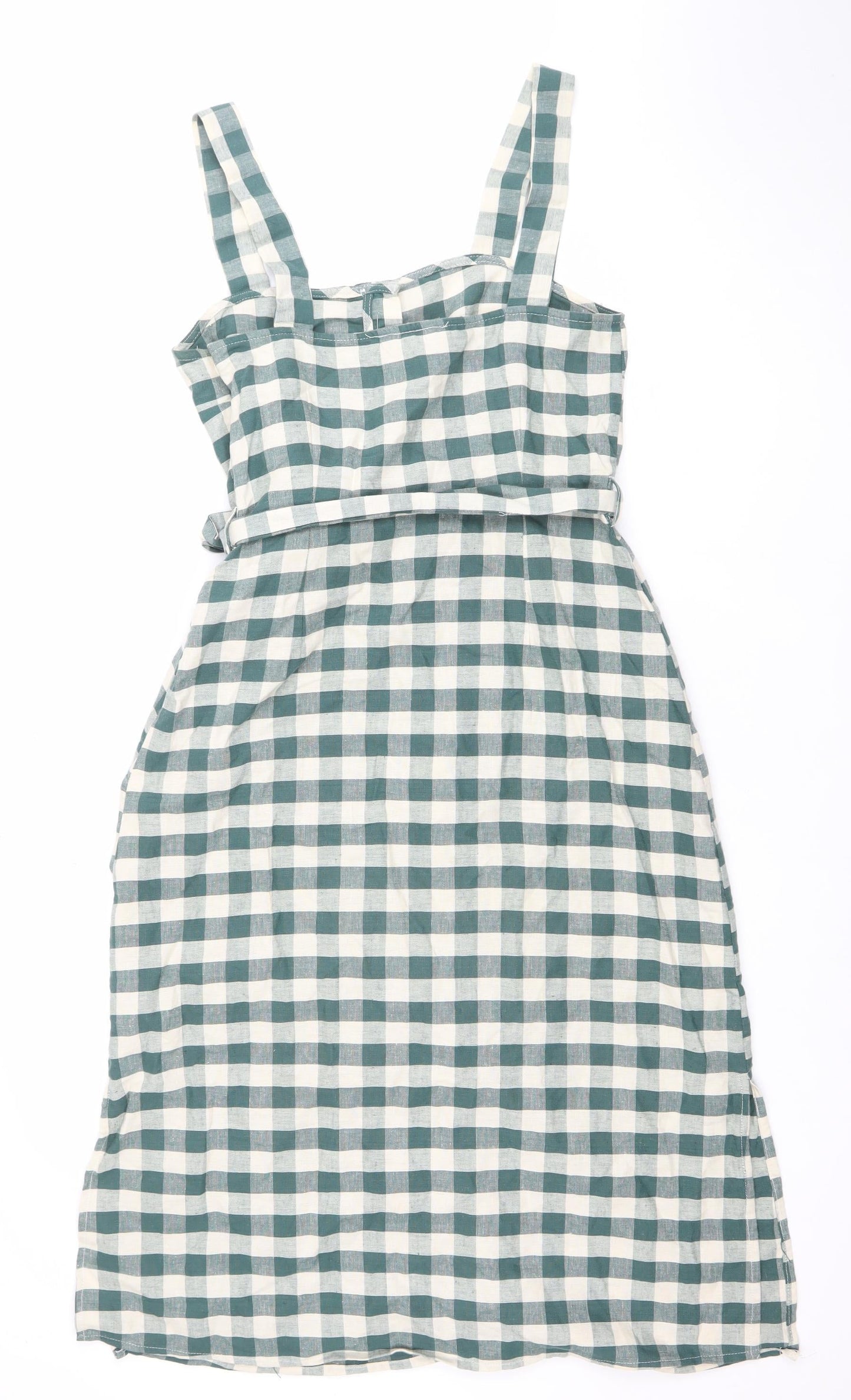 MNG Women Green Check Pinafore Dress Size 8 Cotton Linen