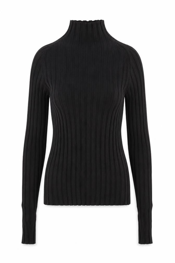 Mango Women's Black Slim Fit Ribbed Knit Mock Neck Long Sleeve Top S