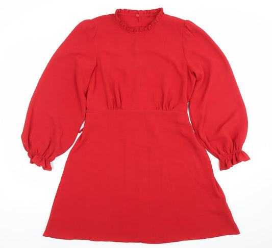 New Look Women Red A-Line Short Dress Size 12 Long Sleeve High Neck