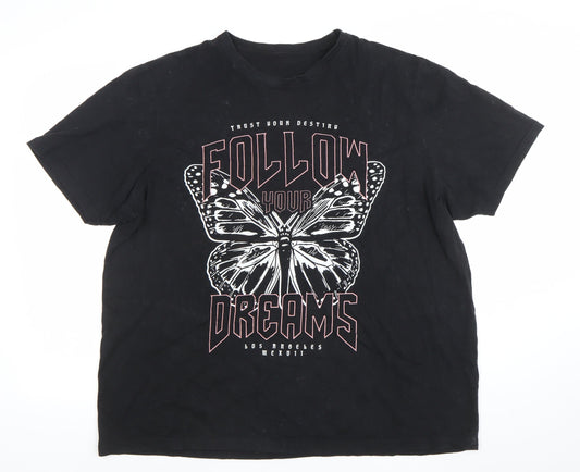 Women's Black 2XL Graphic Butterfly Cotton T-Shirt Short Sleeve Casual Top