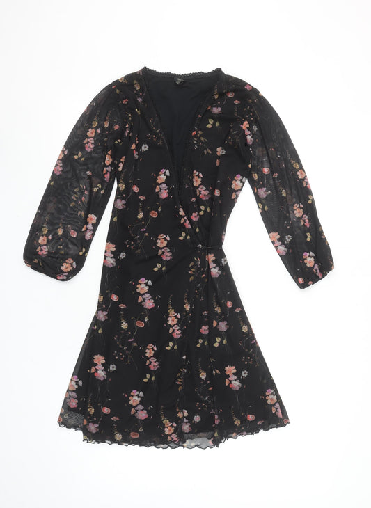 Urban Outfitters Women Black Floral Wrap Dress XS Long Sleeve