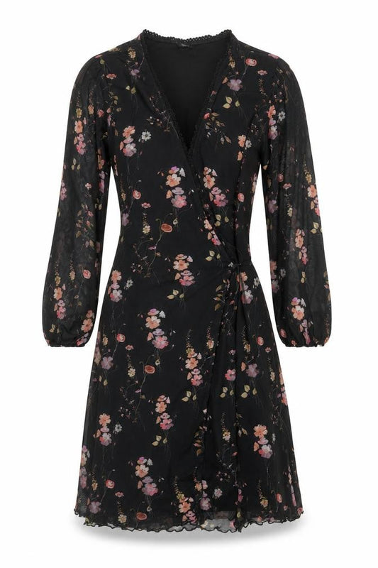 Urban Outfitters Women Black Floral Wrap Dress XS Long Sleeve