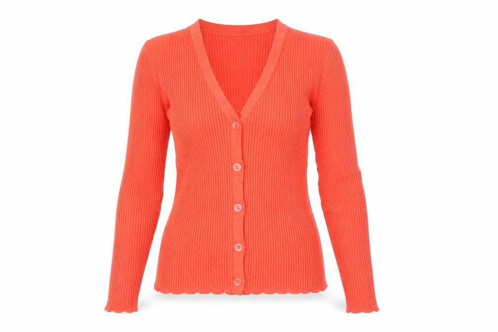Mango Women's Orange Ribbed Viscose Cardigan Size 12 V-Neck Slim Fit