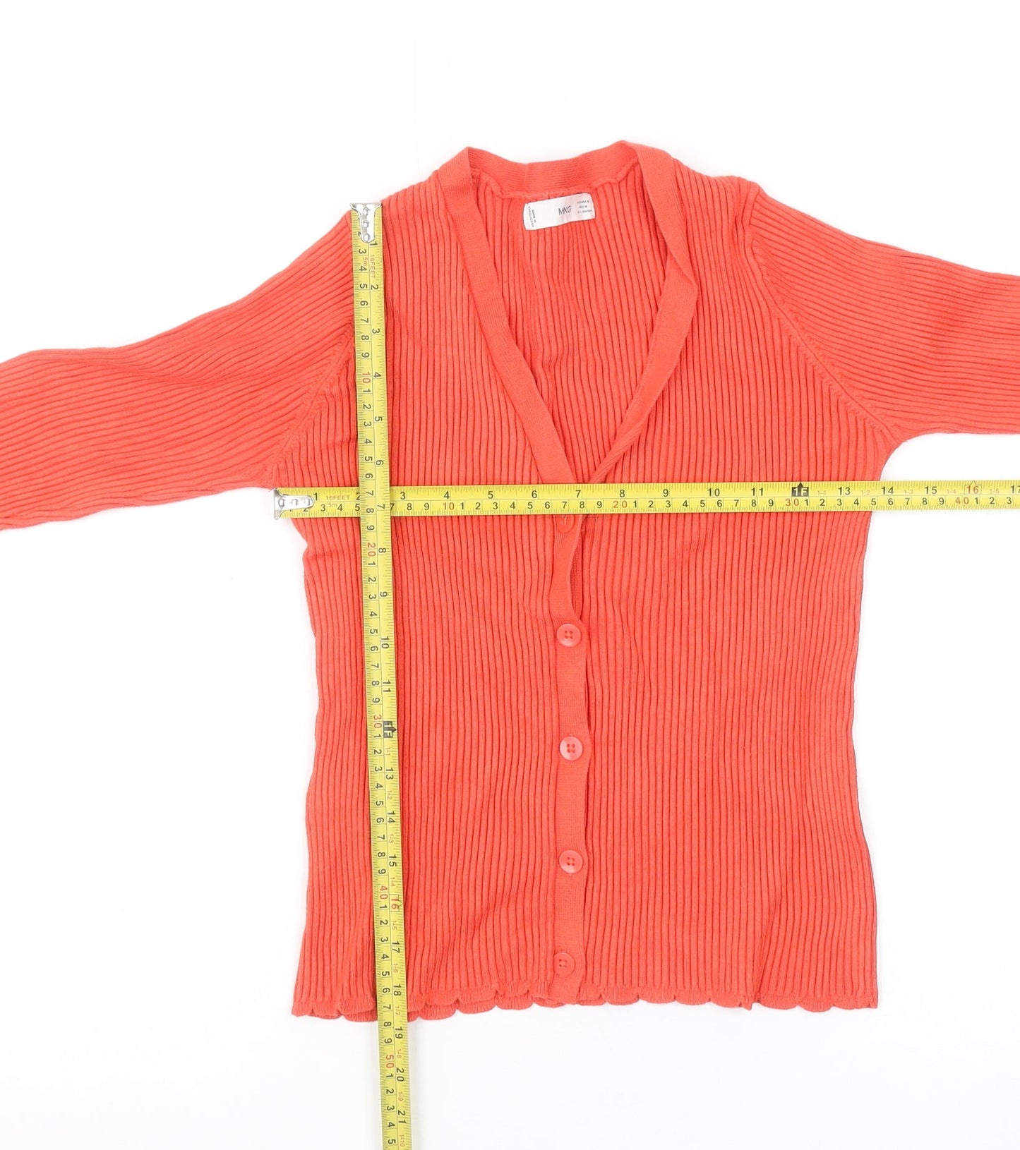 MNG Women's Orange Ribbed Viscose Cardigan Size 12 V-Neck Slim Fit