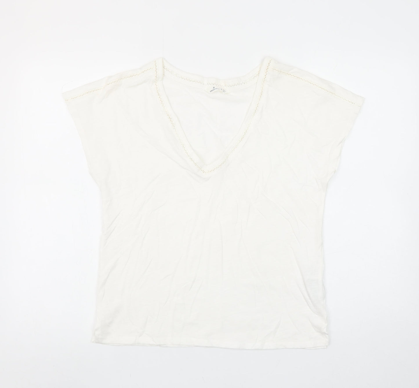 Springfield Women Ivory V-Neck Crochet Trim Cotton T-Shirt Size S