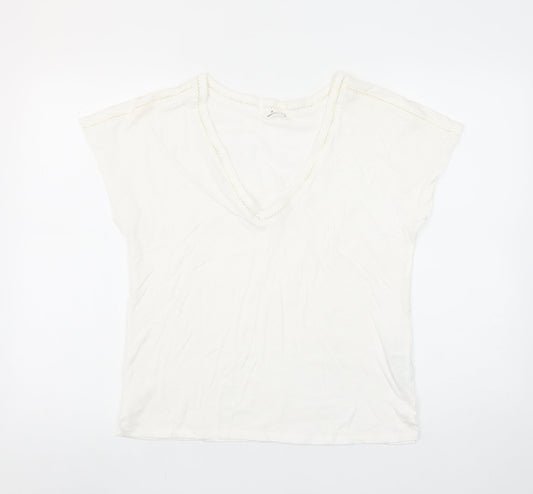 Springfield Women Ivory V-Neck Crochet Trim Cotton T-Shirt Size S
