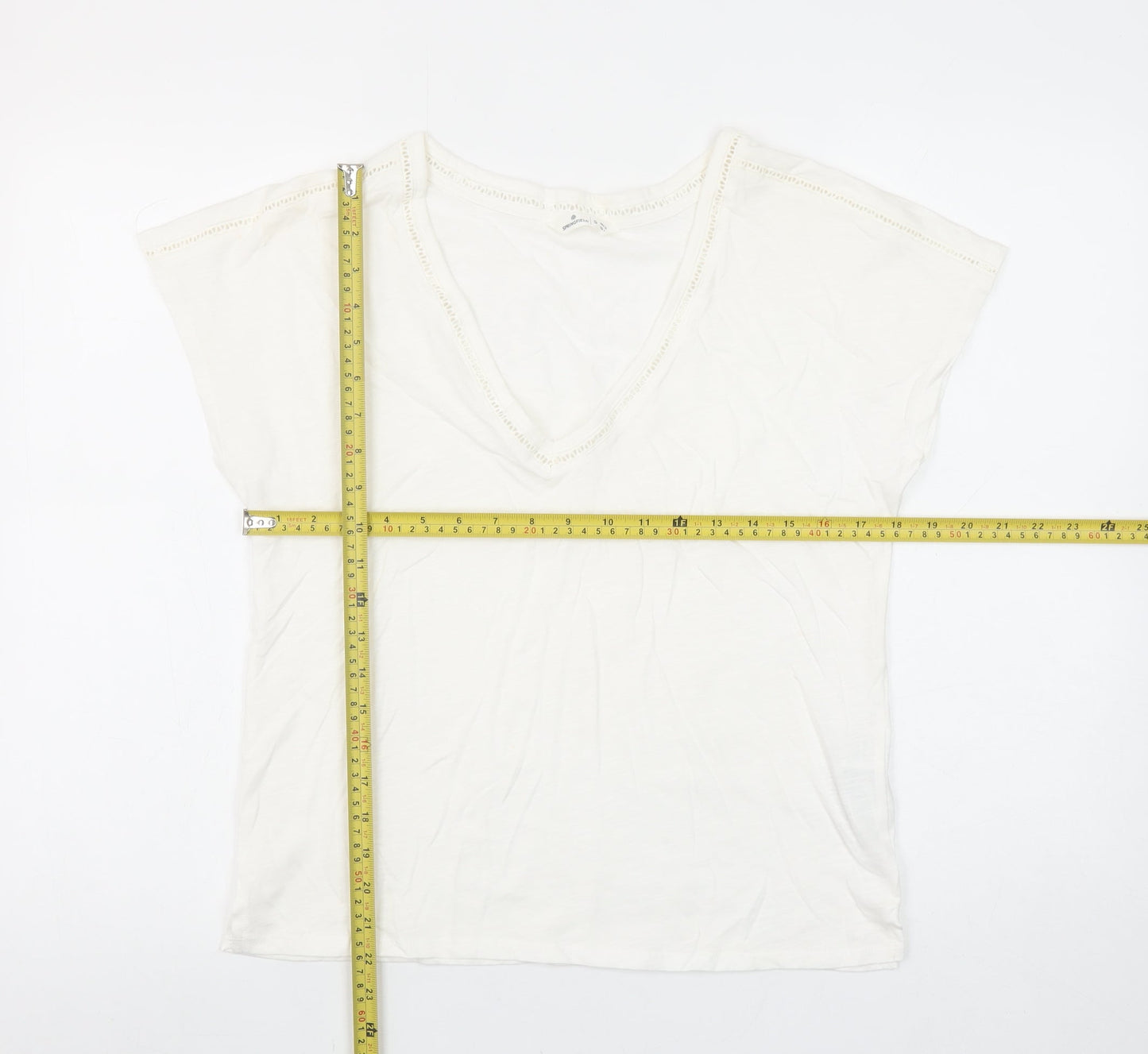 Springfield Women Ivory V-Neck Crochet Trim Cotton T-Shirt Size S