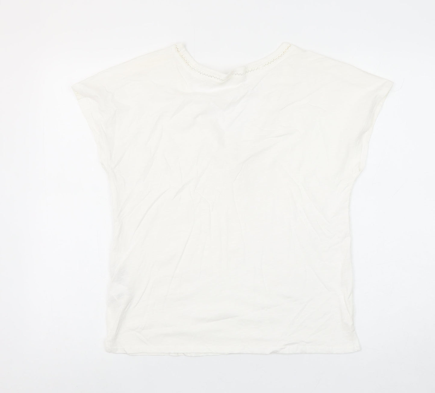 Springfield Women Ivory V-Neck Crochet Trim Cotton T-Shirt Size S