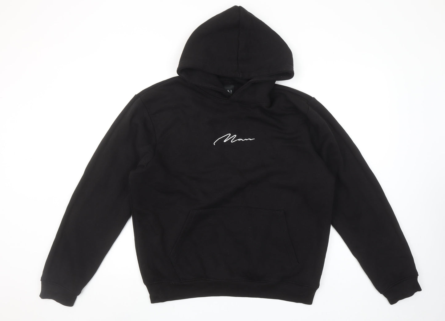 boohooMAN Men Black Pullover Hoodie M Regular Fit Embroidered Logo