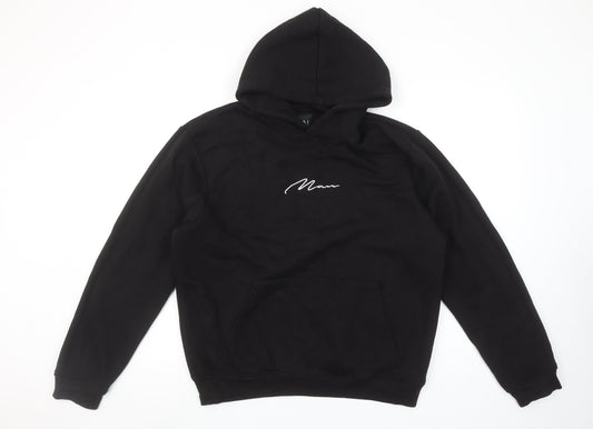 boohooMAN Men Black Pullover Hoodie M Regular Fit Embroidered Logo