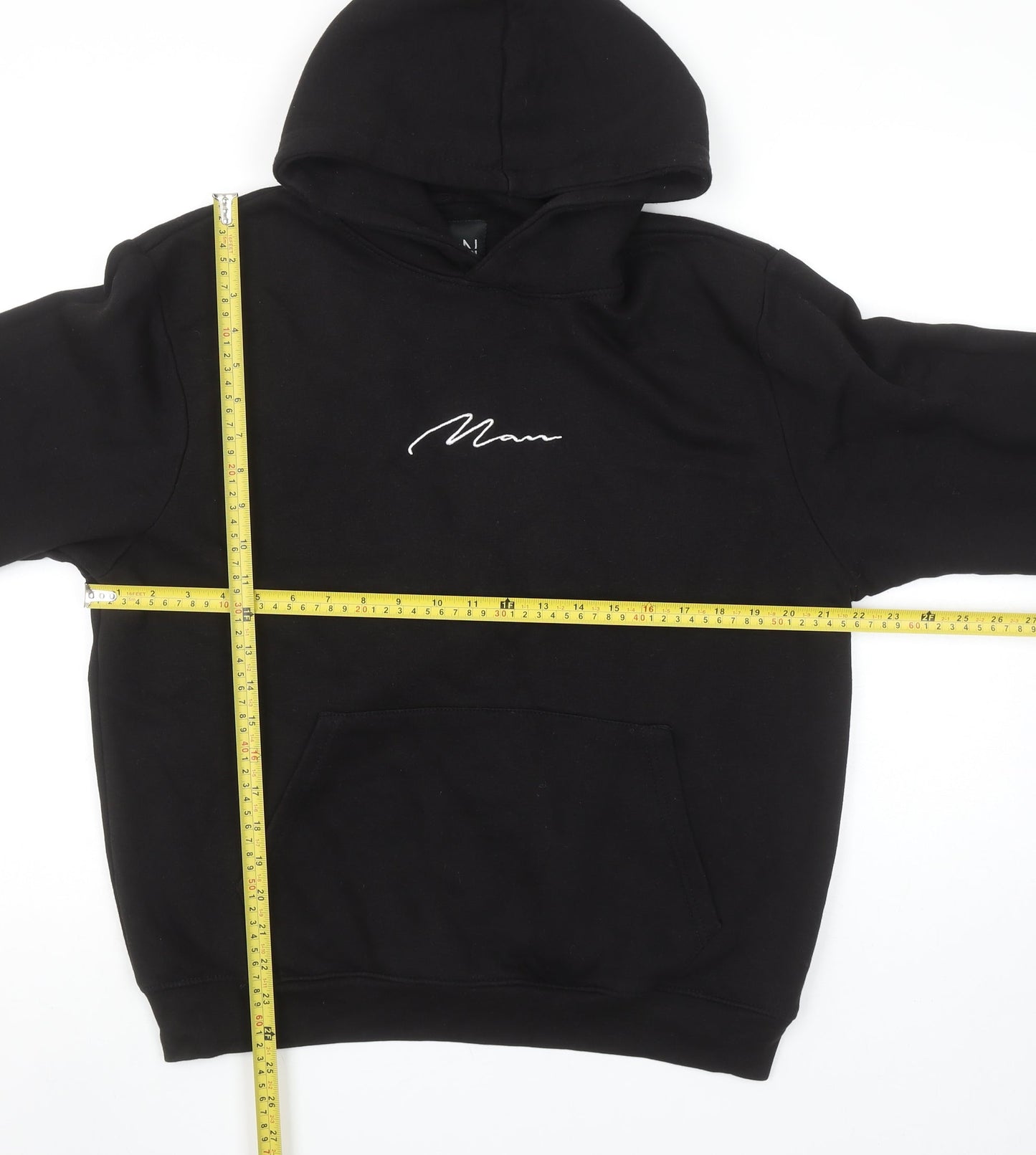 boohooMAN Men Black Pullover Hoodie M Regular Fit Embroidered Logo
