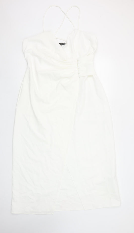 Zara Women White Midi Wrap Dress Size 16 Sleeveless V-Neck Elegant