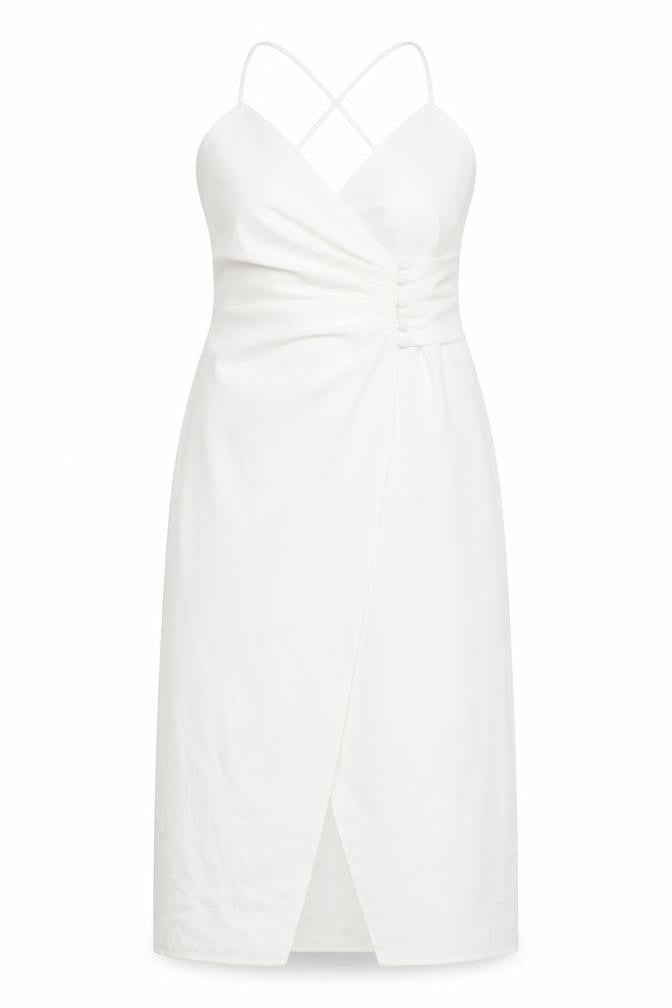 Zara Women White Midi Wrap Dress Size 16 Sleeveless V-Neck Elegant