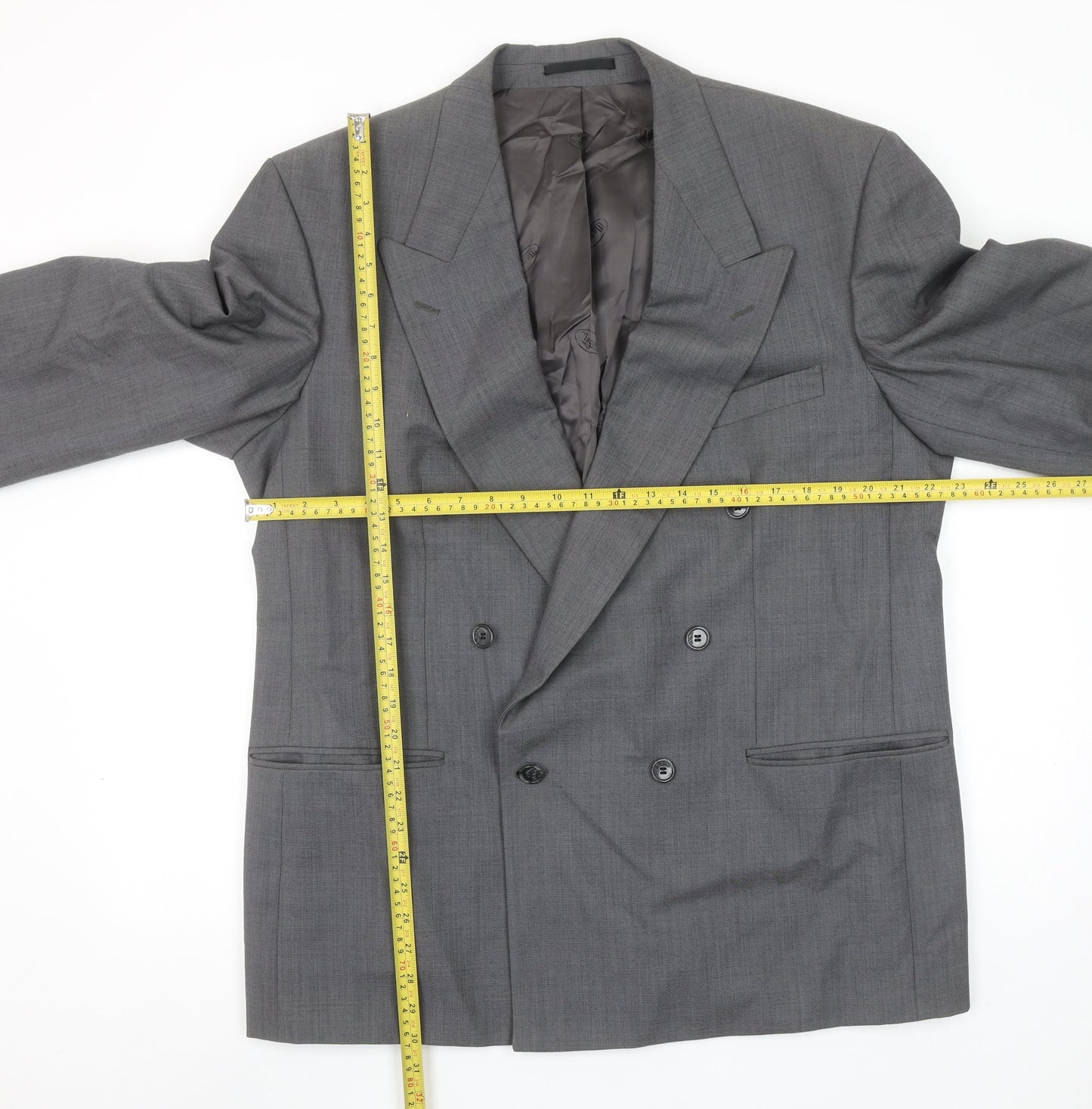 Anthony Ryan Ltd Men Grey Wool Double-Breasted Blazer 44R Classic Fit