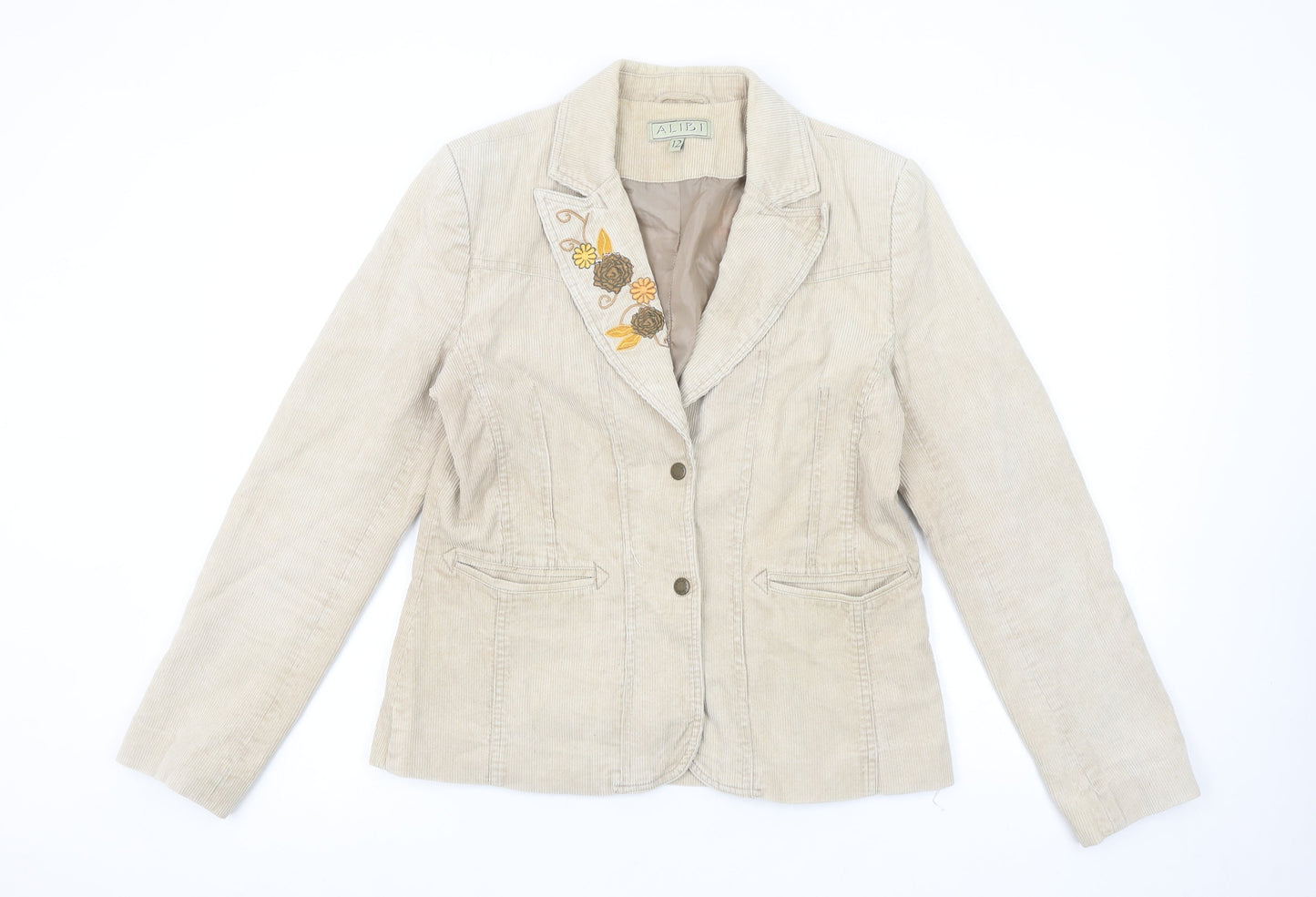 Alibi Women’s Beige Corduroy Floral Embroidered Blazer Size 12