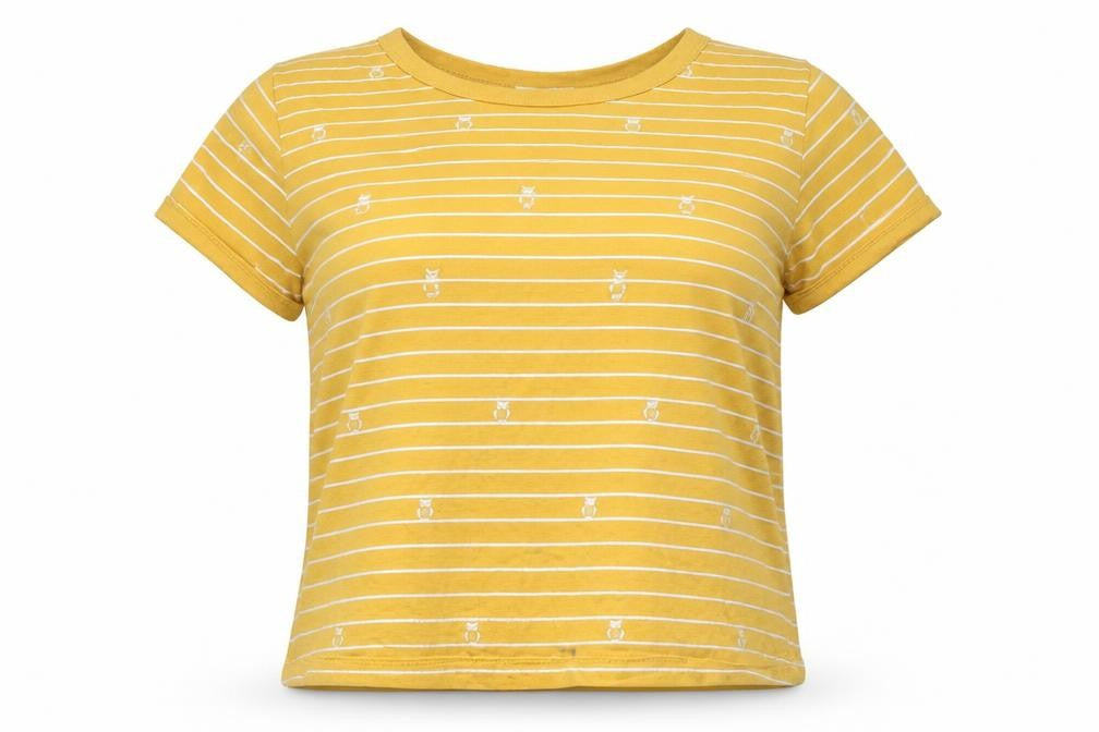 Messy Bun Just Chillin' Yellow Striped Cotton Short Sleeve Women's T-Shirt Size M