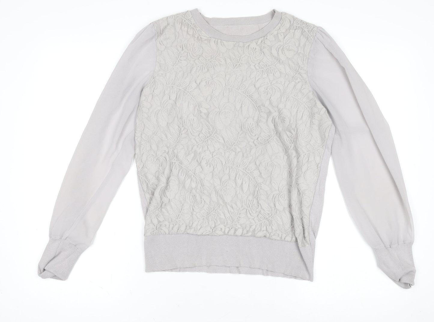 Oasis Women Grey Lace Front Cotton Blend Long Sleeve Jumper L
