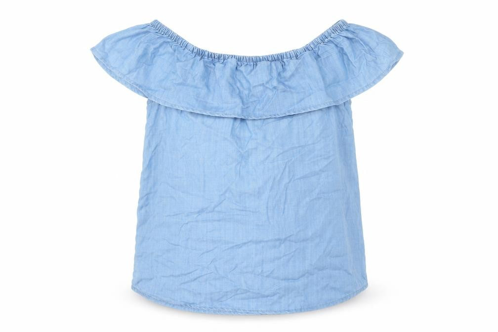 M&Co Women Blue Off Shoulder Ruffle Chambray Blouse Size 10