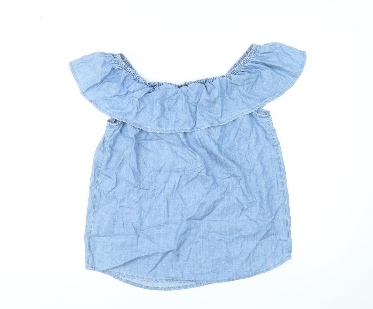 M&Co Women Blue Off Shoulder Ruffle Chambray Blouse Size 10